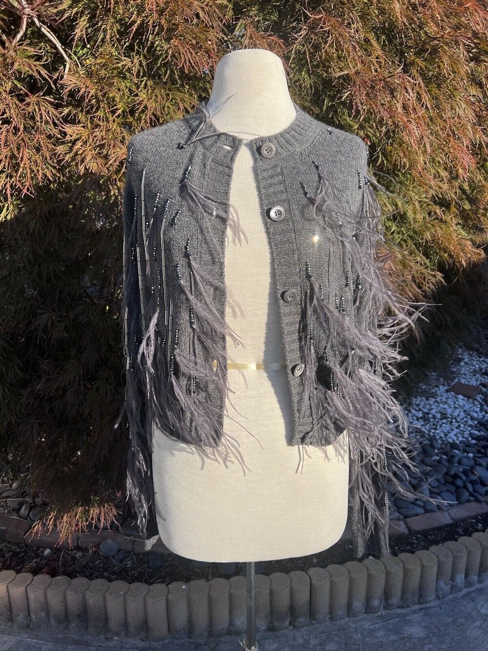 Prada Bead & Feather Embellished Gray Cashmere Cardigan